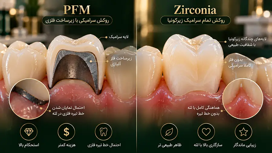 برش مقایسهای لایه فلزی روکش PFM با ساختار یکپارچه روکش تمام سرامیک زیرکونیا در کلینیک دندانپزشکی تبریز